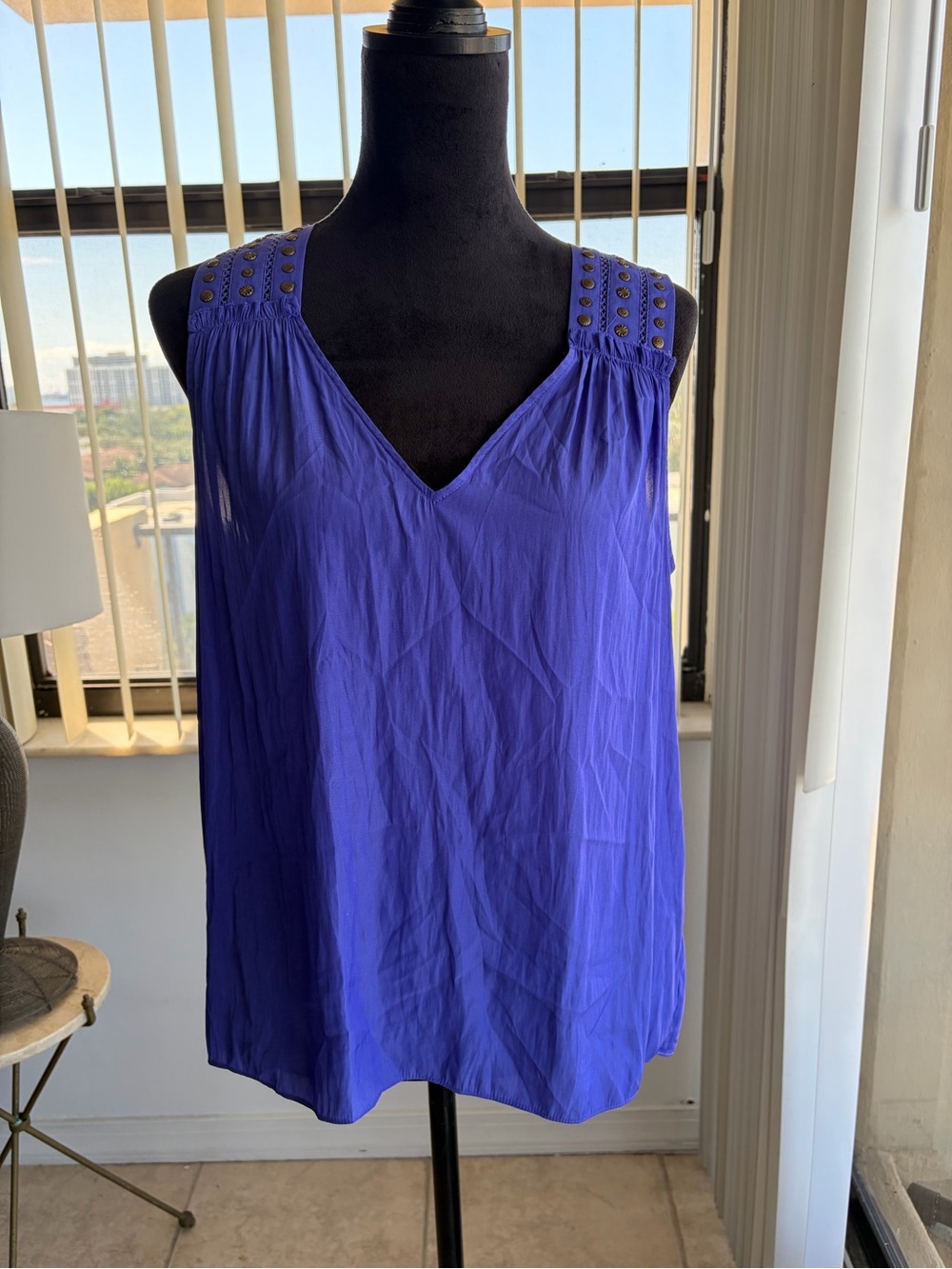 RAMY BROOK New York Royal Blue Studded Shoulder V-Neck Sleeveless Blouse Size M
